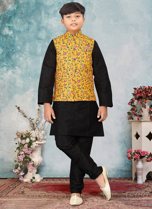 Kurta Payjama With Jacket Jute Silk Black Mustard Digital Print Kids