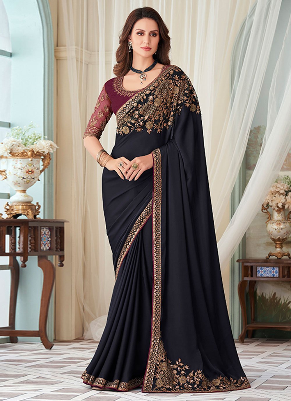 Contemporary Silk Black Embroidered Saree