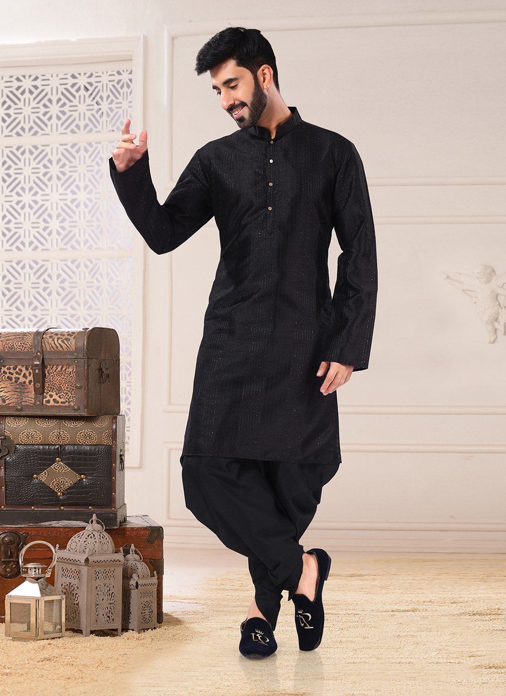 Dhoti Kurta Silk Black Sequins Mens