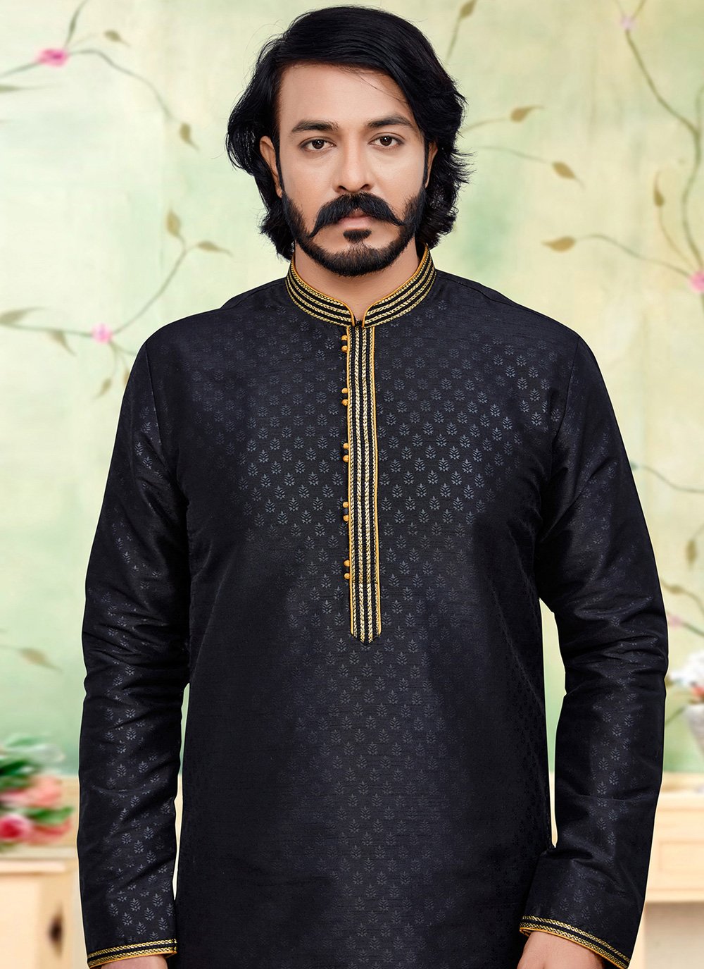 Kurta Pyjama Silk Black Fancy Work Mens