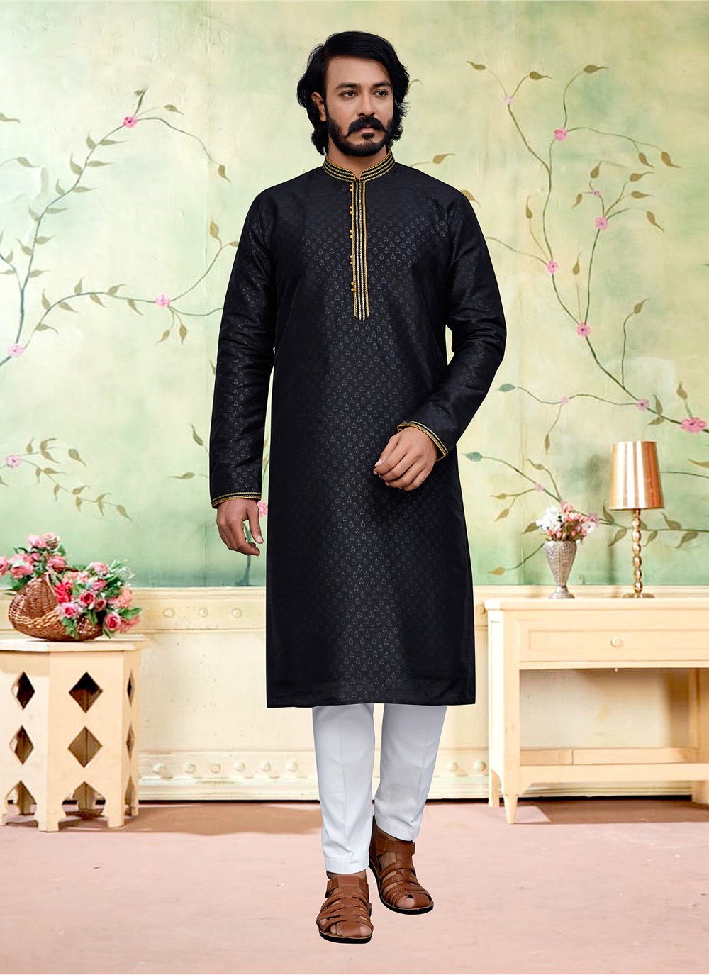 Kurta Pyjama Silk Black Fancy Work Mens