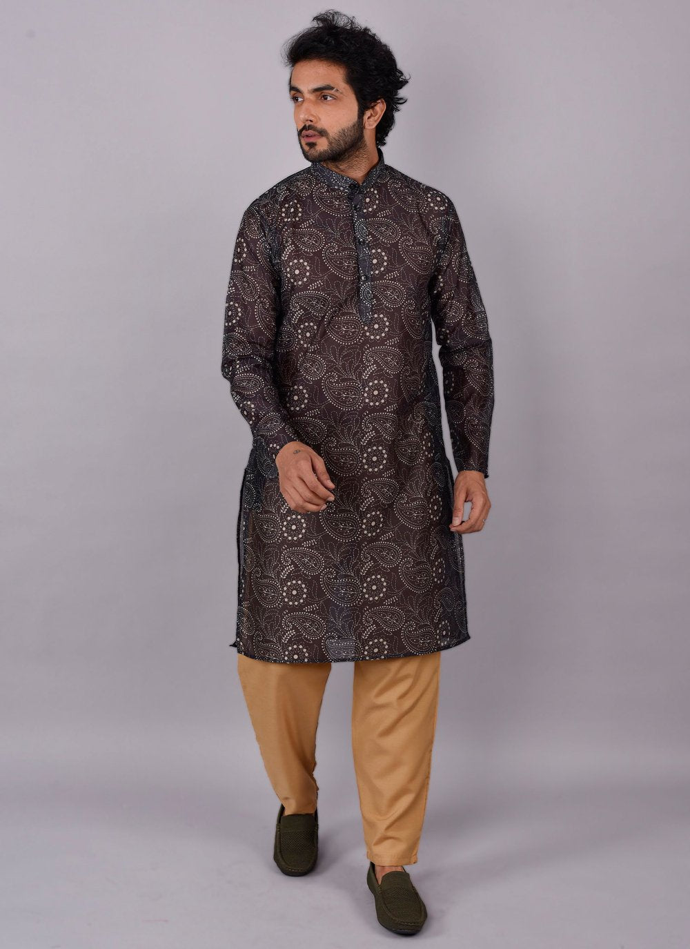 Kurta Pyjama Silk Black Print Mens