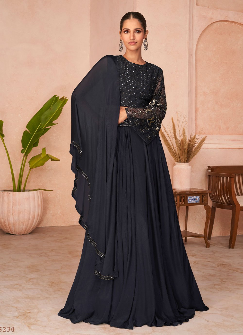 Gown Net Silk Black Embroidered Gown