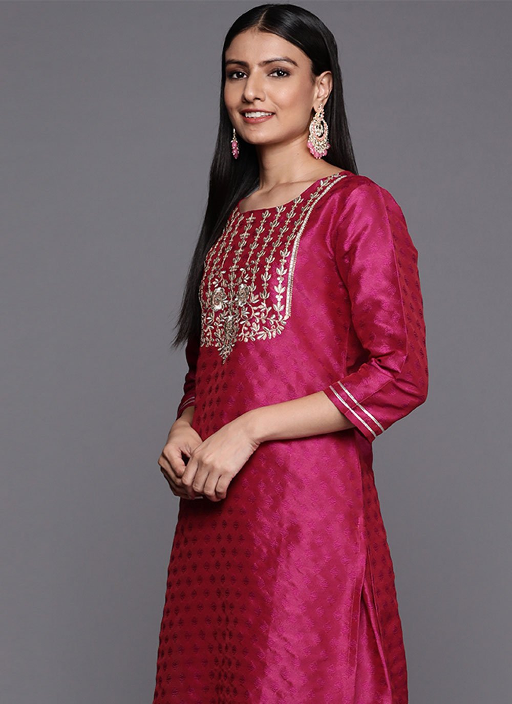 Casual Kurti Silk Blend Pink Embroidered Kurtis