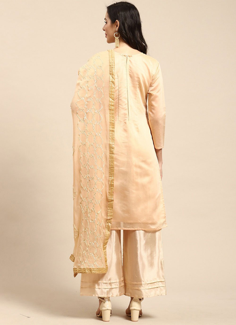 Palazzo Salwar Suit Silk Blend Peach Embroidered Salwar Kameez