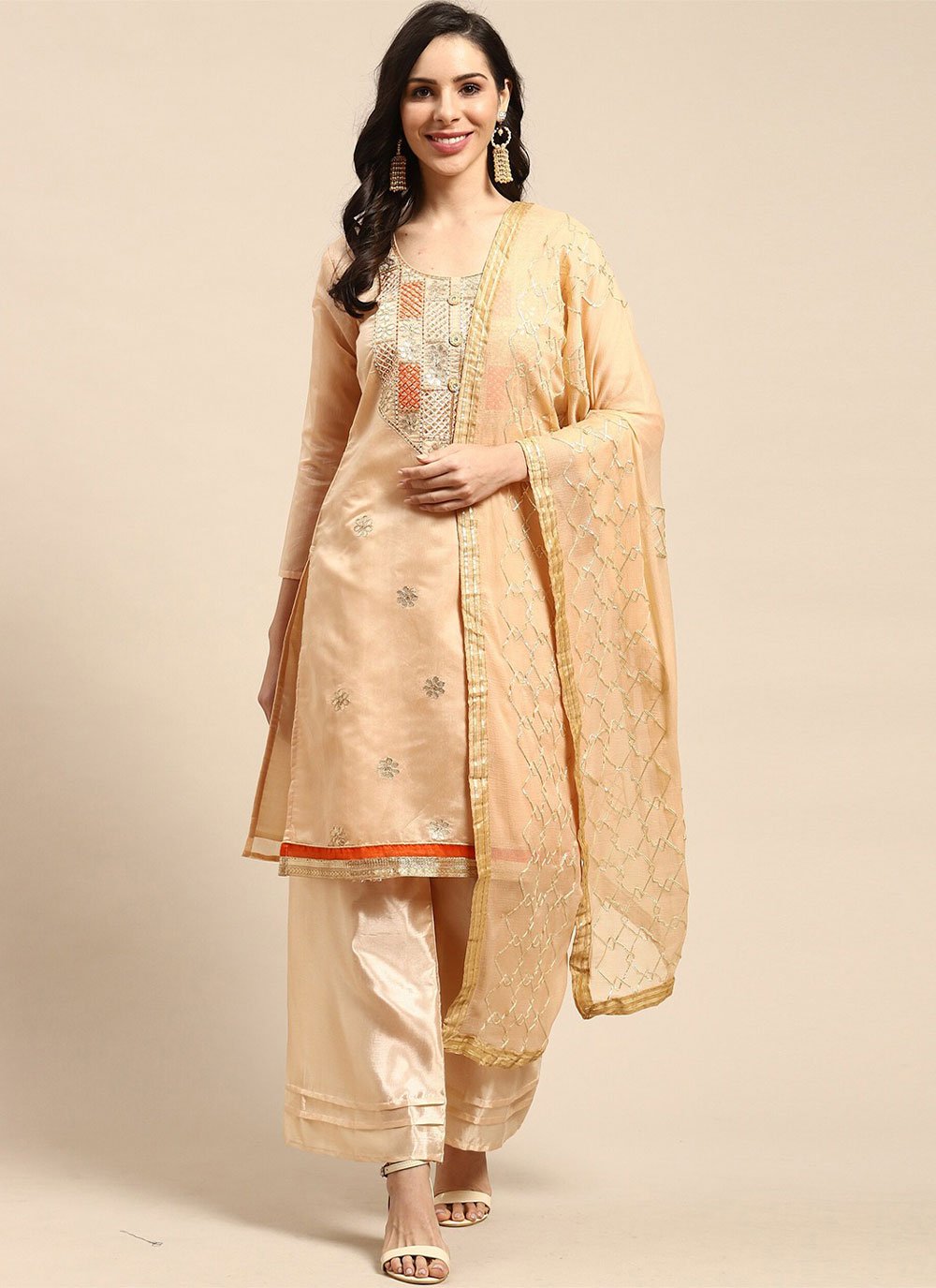 Palazzo Salwar Suit Silk Blend Peach Embroidered Salwar Kameez