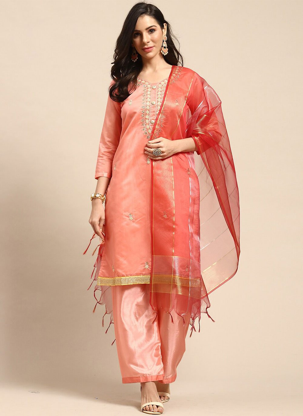 Straight Salwar Suit Silk Blend Pink Embroidered Salwar Kameez