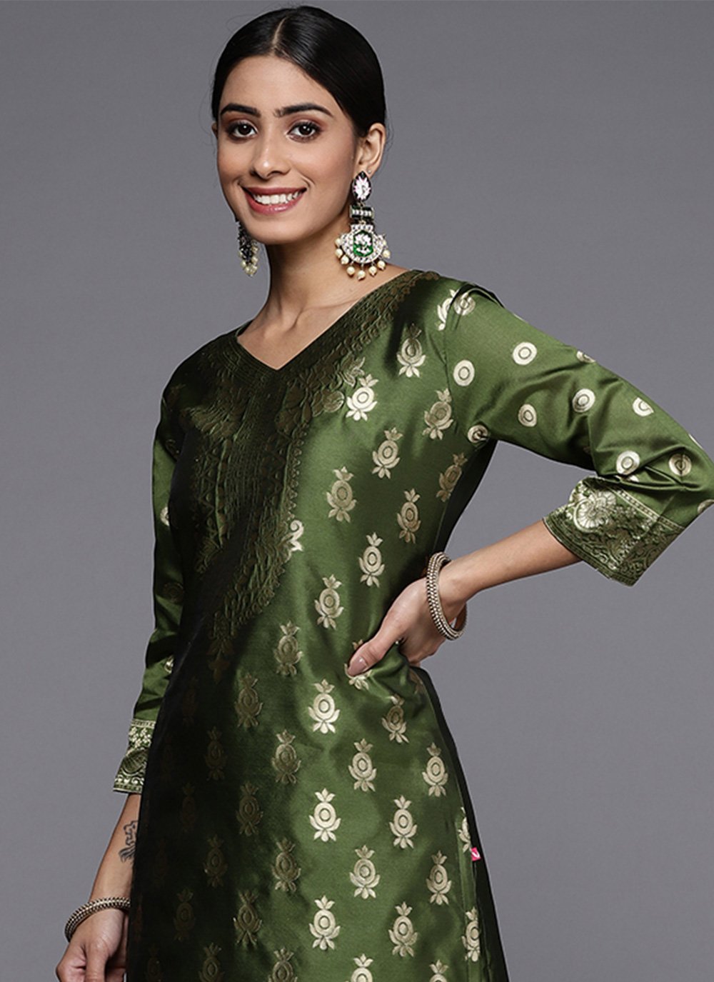 Salwar Suit Silk Blend Green Weaving Salwar Kameez