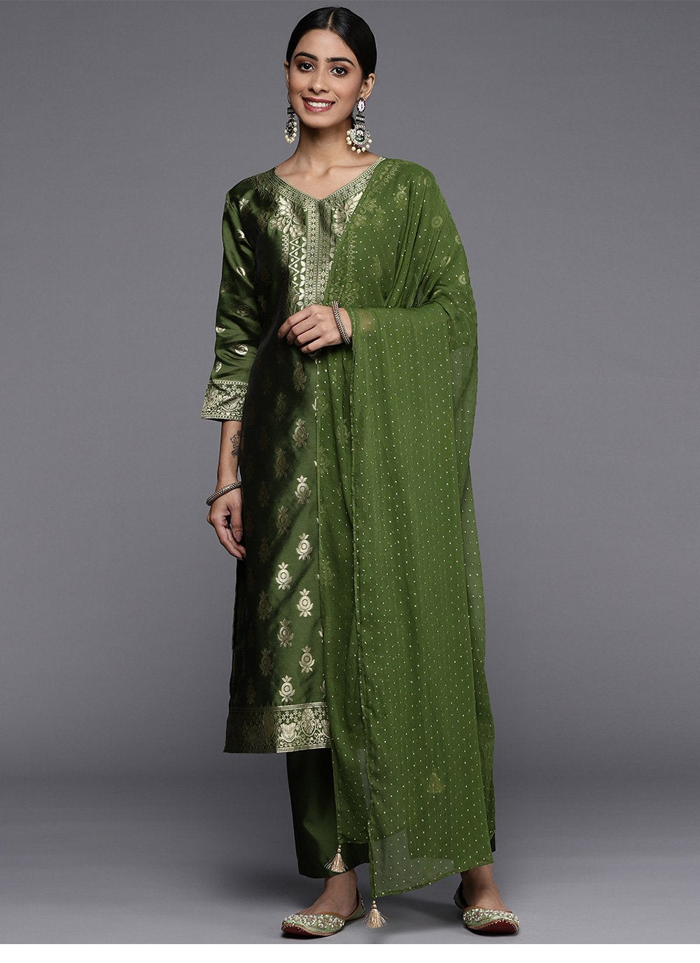 Salwar Suit Silk Blend Green Weaving Salwar Kameez