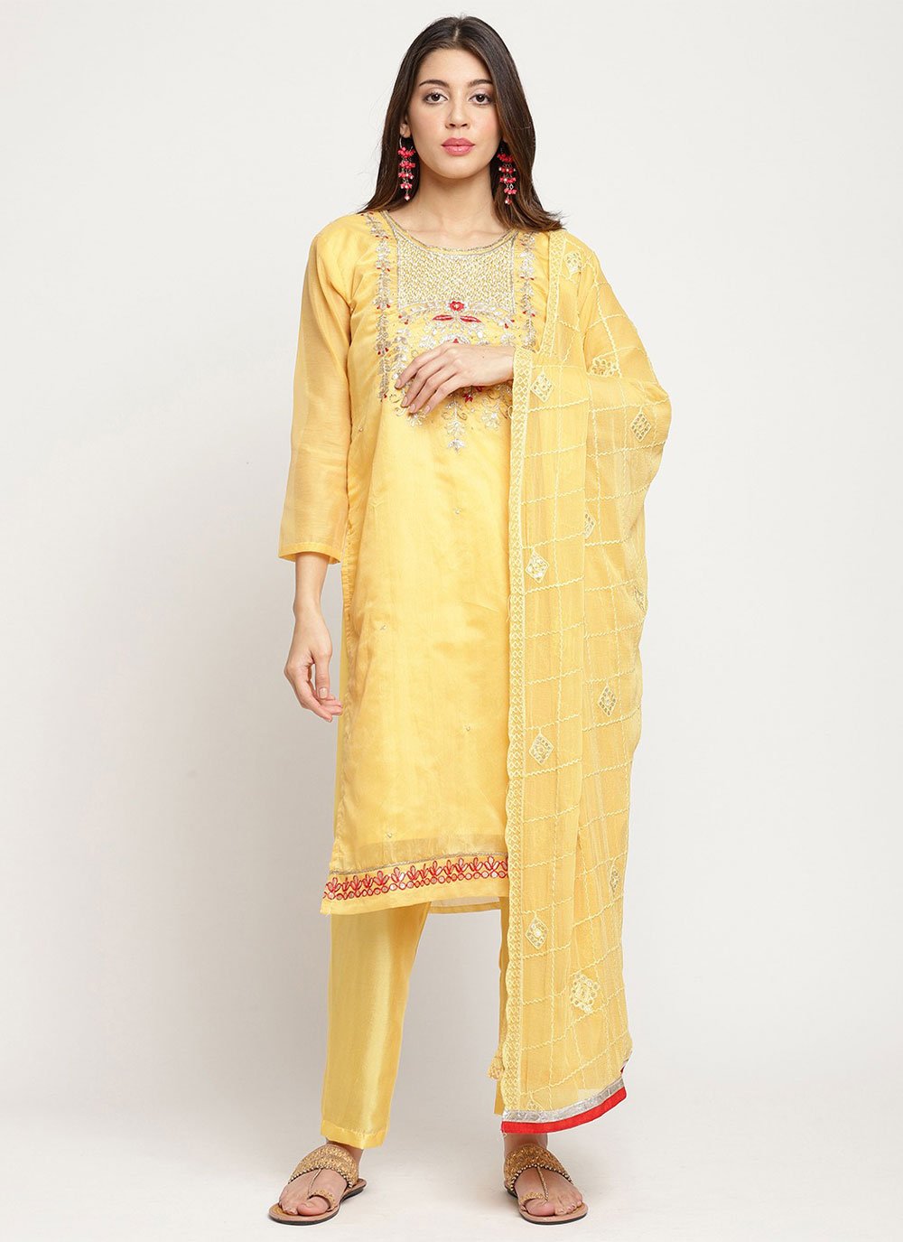 Pant Style Suit Silk Blend Yellow Embroidered Salwar Kameez