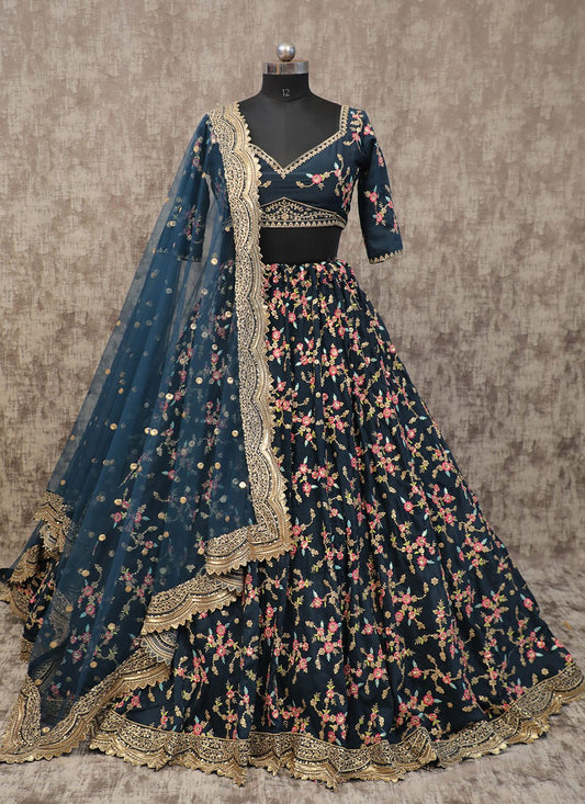 A Line Lehenga Silk Blue Embroidered Lehenga Choli