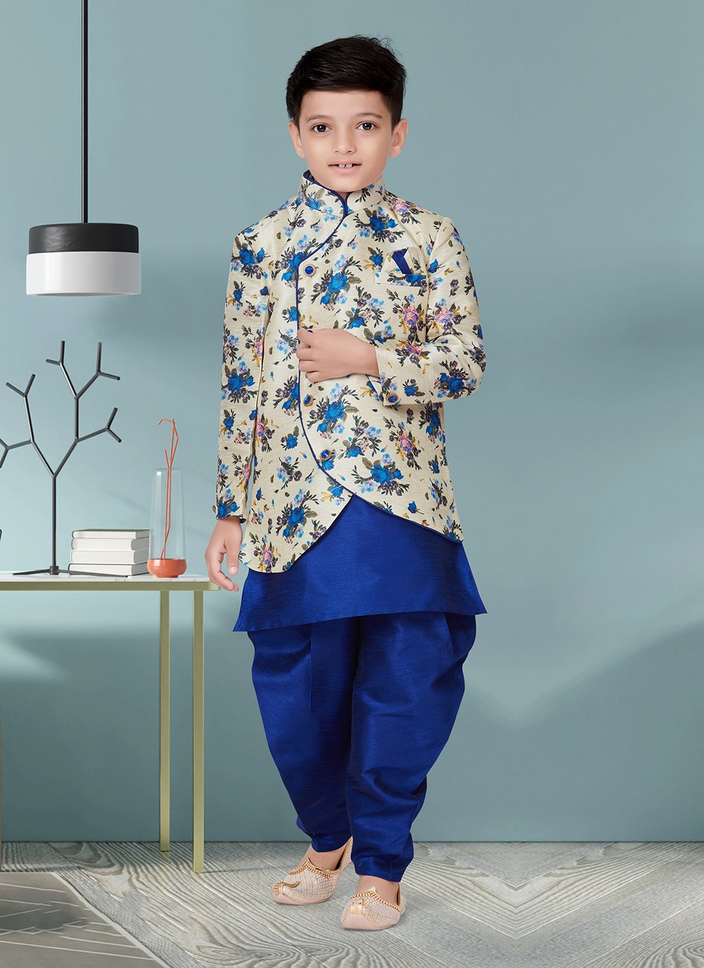 Indo Western Sherwani Jacquard Silk Blue Cream Fancy Work Kids