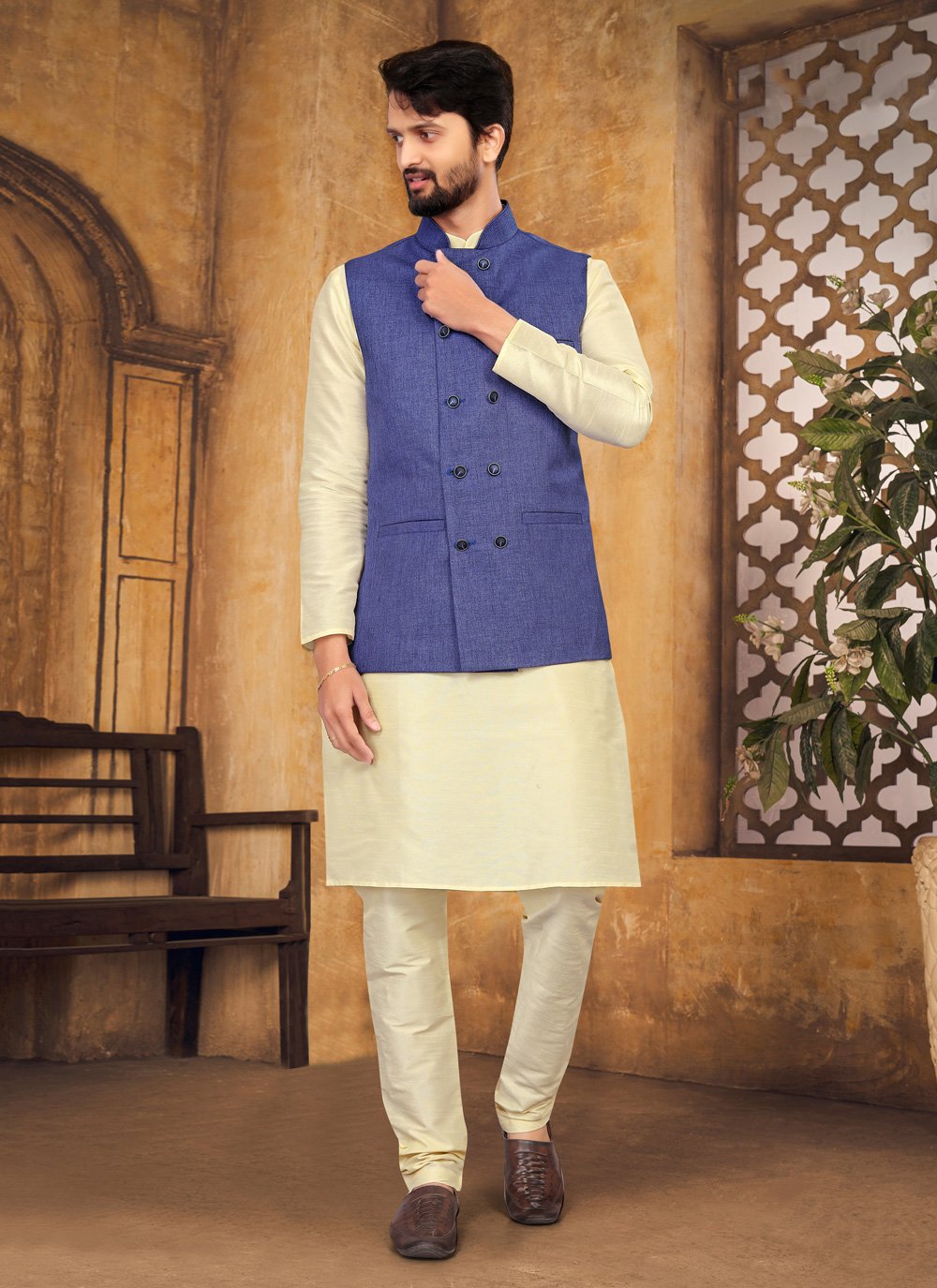 Kurta Payjama With Jacket Silk Blue Cream Fancy Work Mens