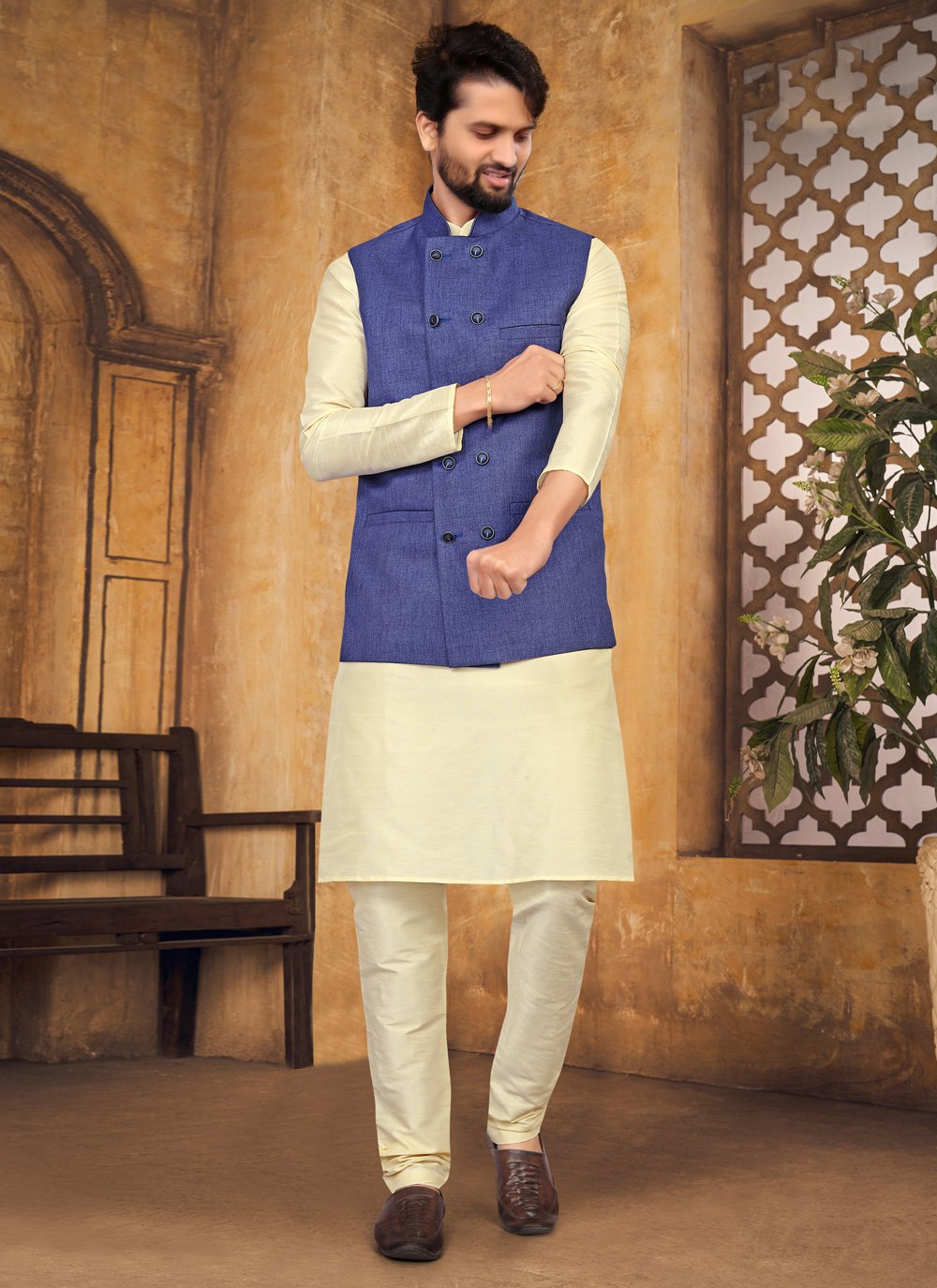 Kurta Payjama With Jacket Silk Blue Cream Fancy Work Mens