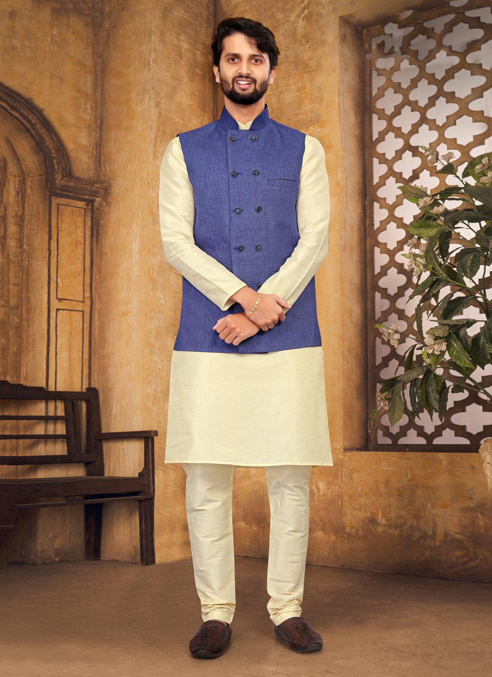 Kurta Payjama With Jacket Silk Blue Cream Fancy Work Mens