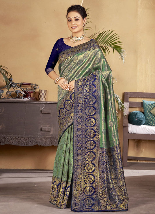 Designer Silk Blue Green Embroidered Saree