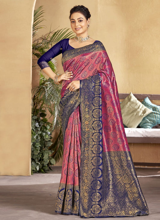 Designer Silk Blue Pink Embroidered Saree