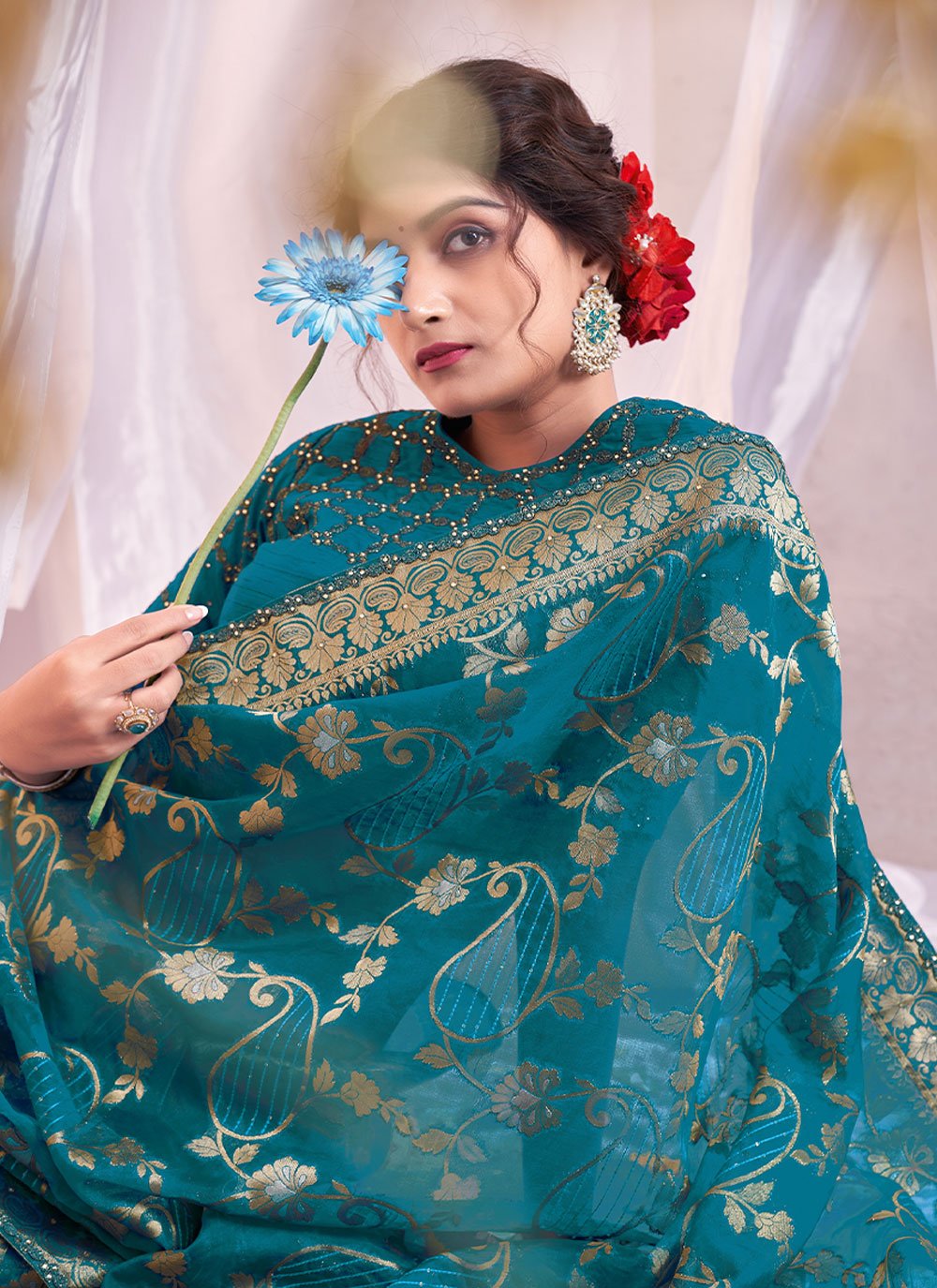 Contemporary Organza Silk Blue Print Saree