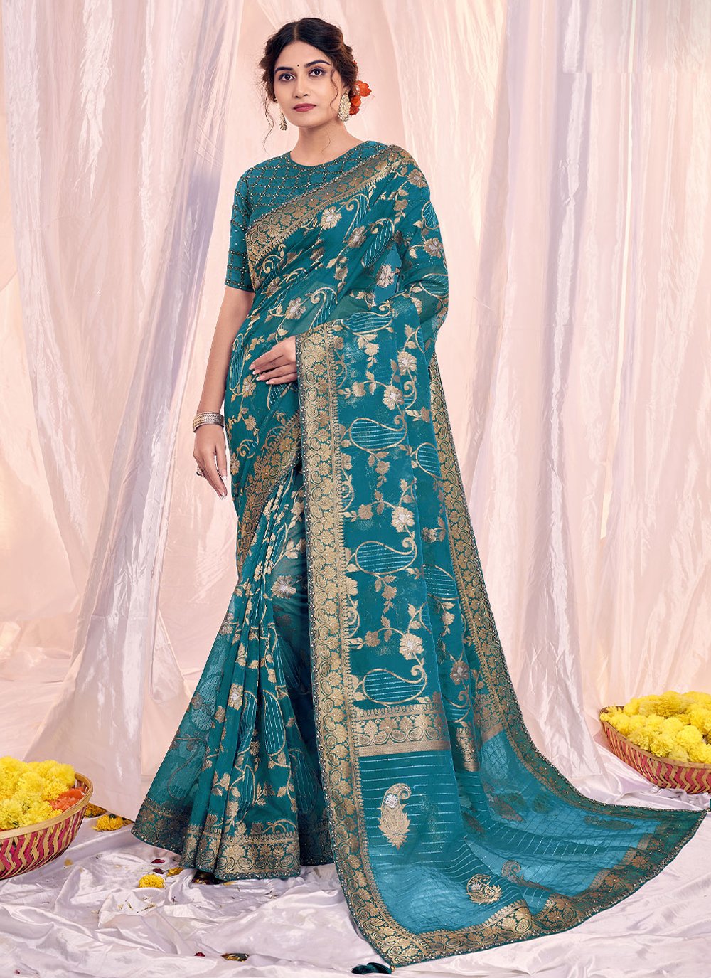 Contemporary Organza Silk Blue Print Saree