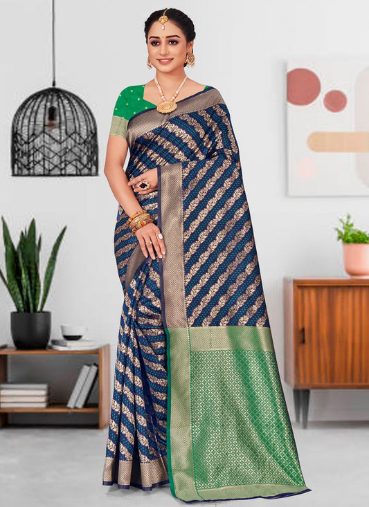 Casual Silk Blue Foil Print Saree