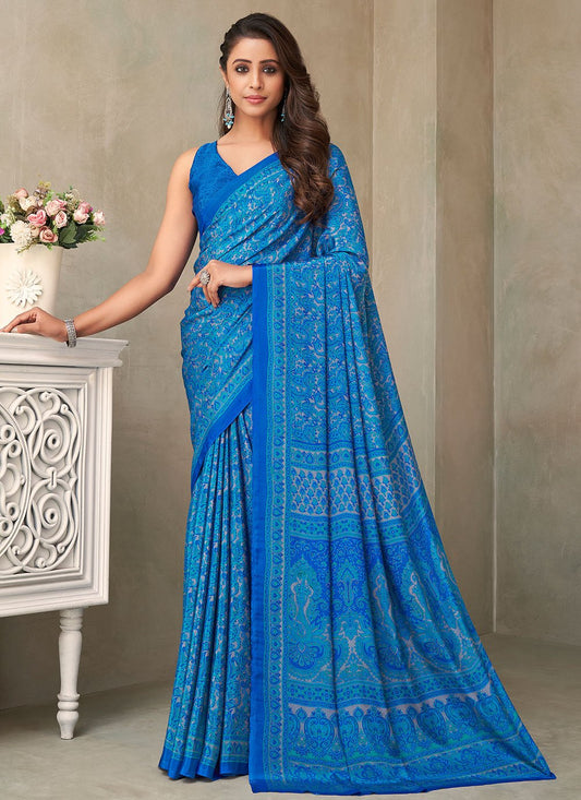 Classic Faux Crepe Silk Blue Print Saree