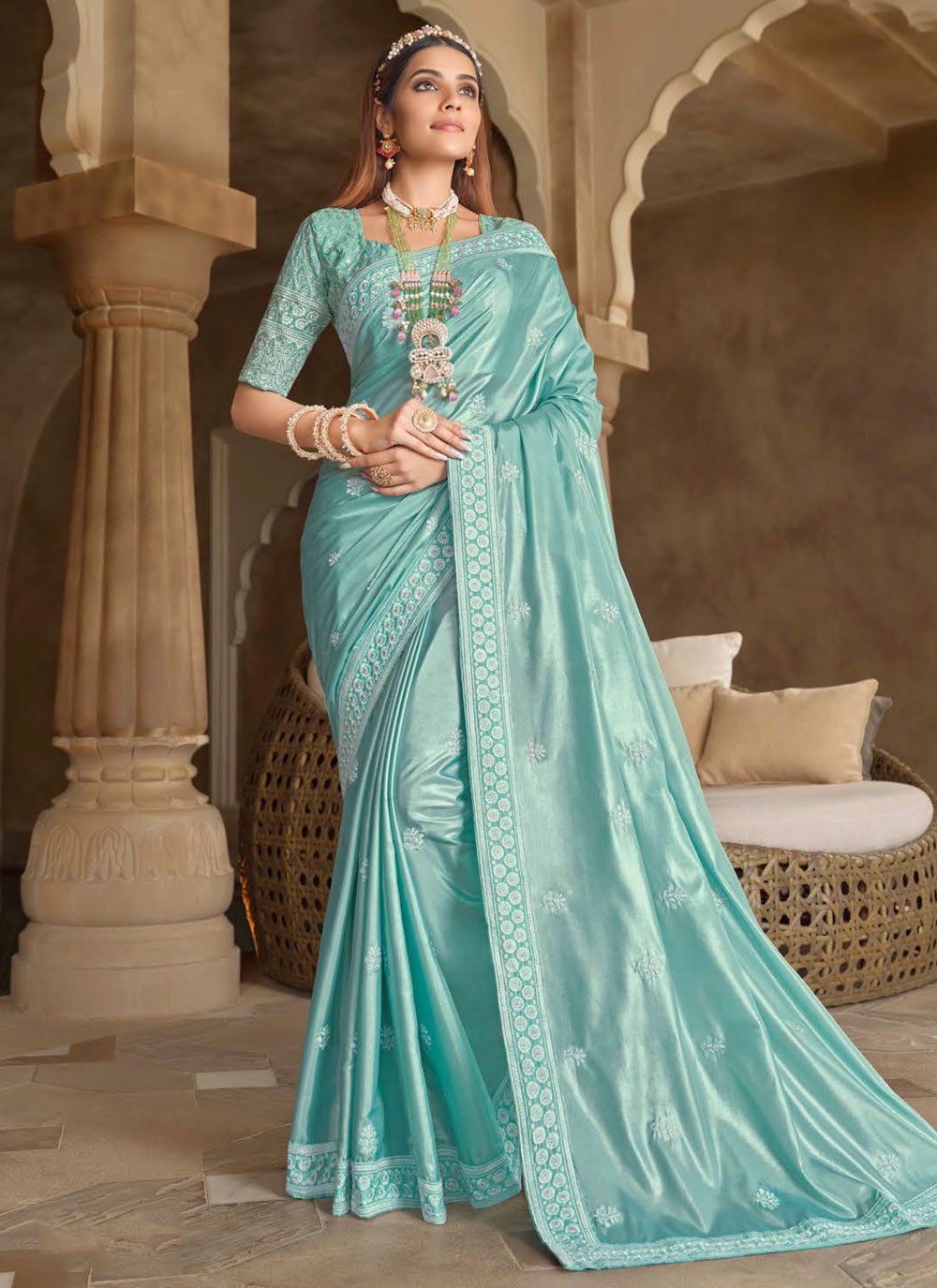 Classic Silk Aqua Blue Embroidered Saree