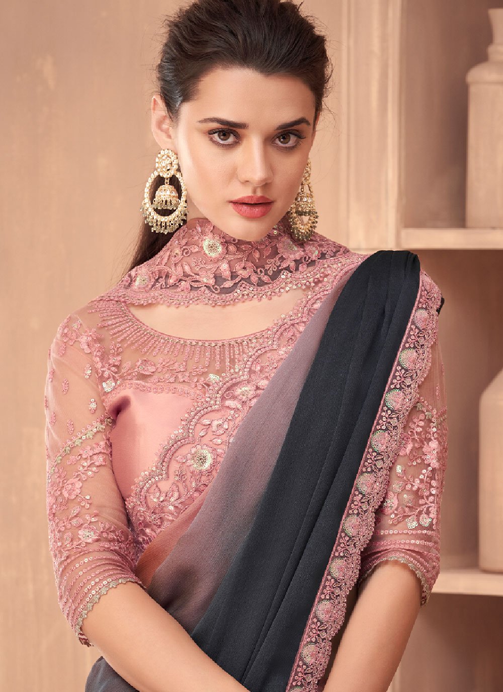 Contemporary Silk Black Pink Embroidered Saree