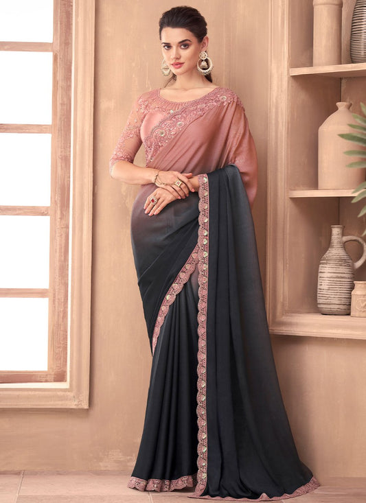 Contemporary Silk Black Pink Embroidered Saree