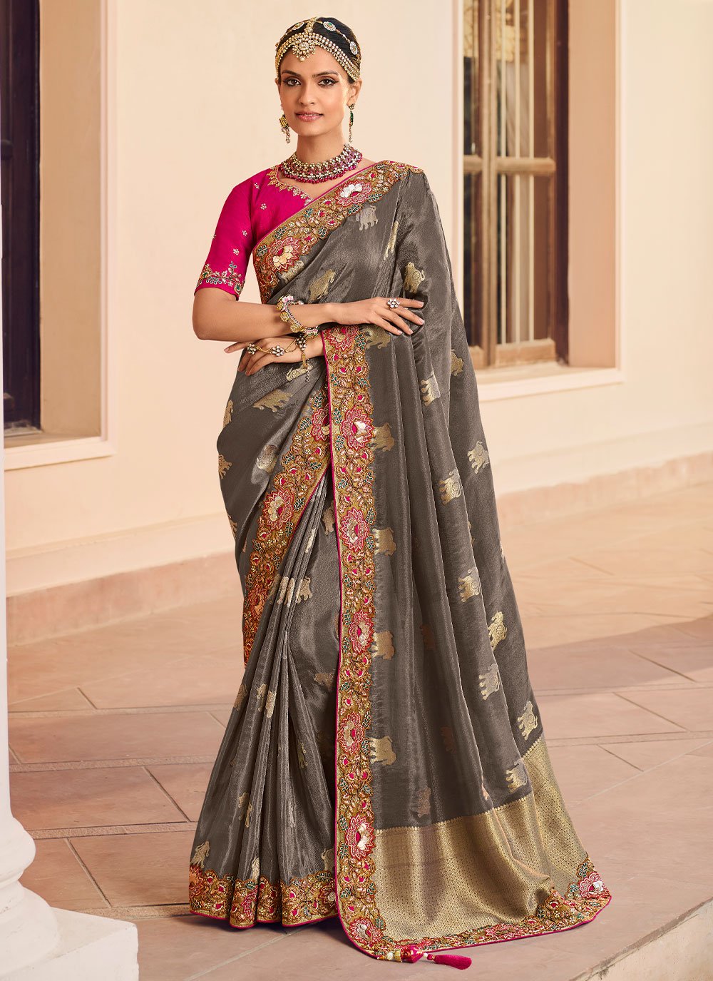 Classic Silk Grey Patch Border Saree