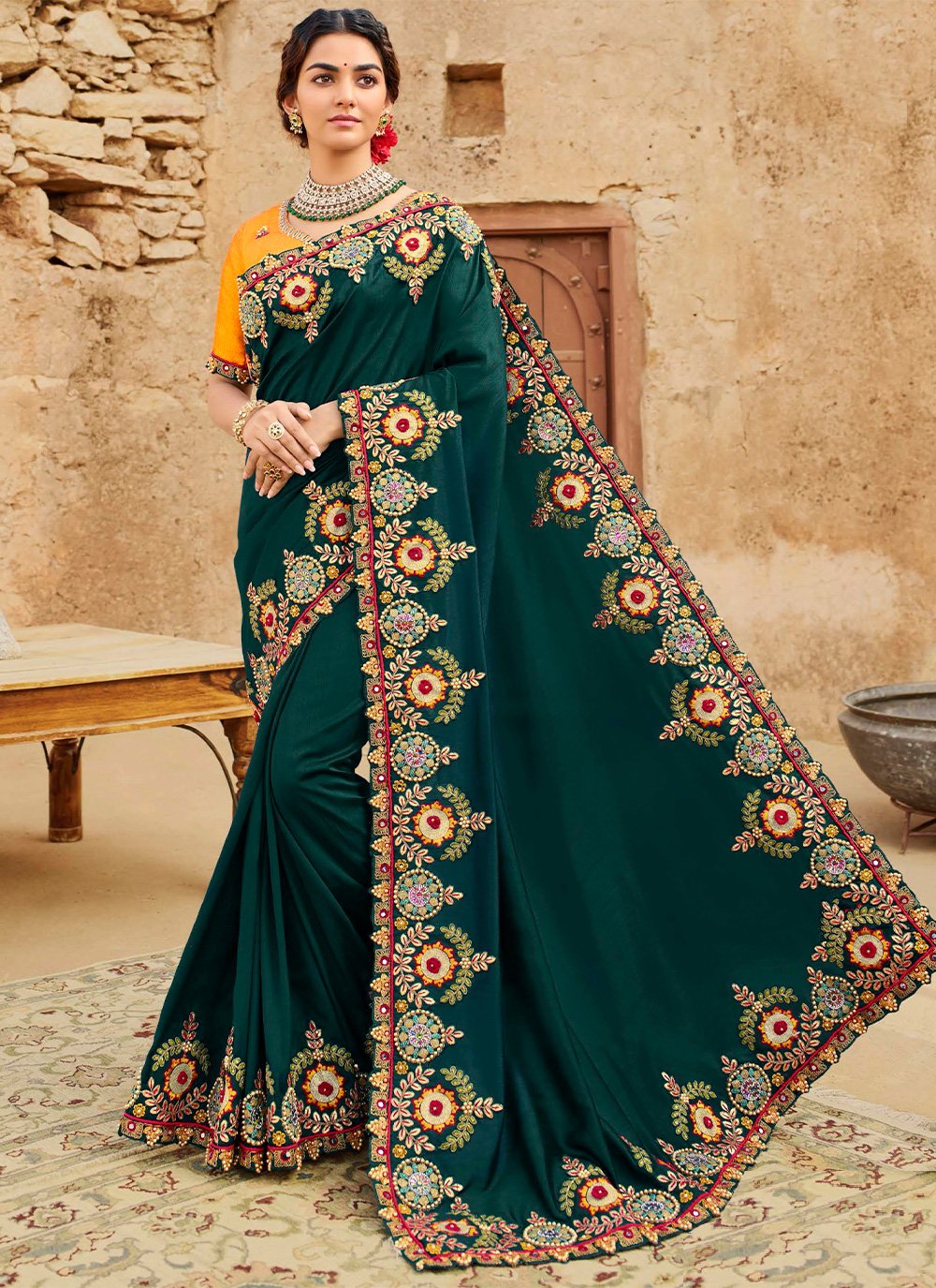 Classic Silk Green Embroidered Saree