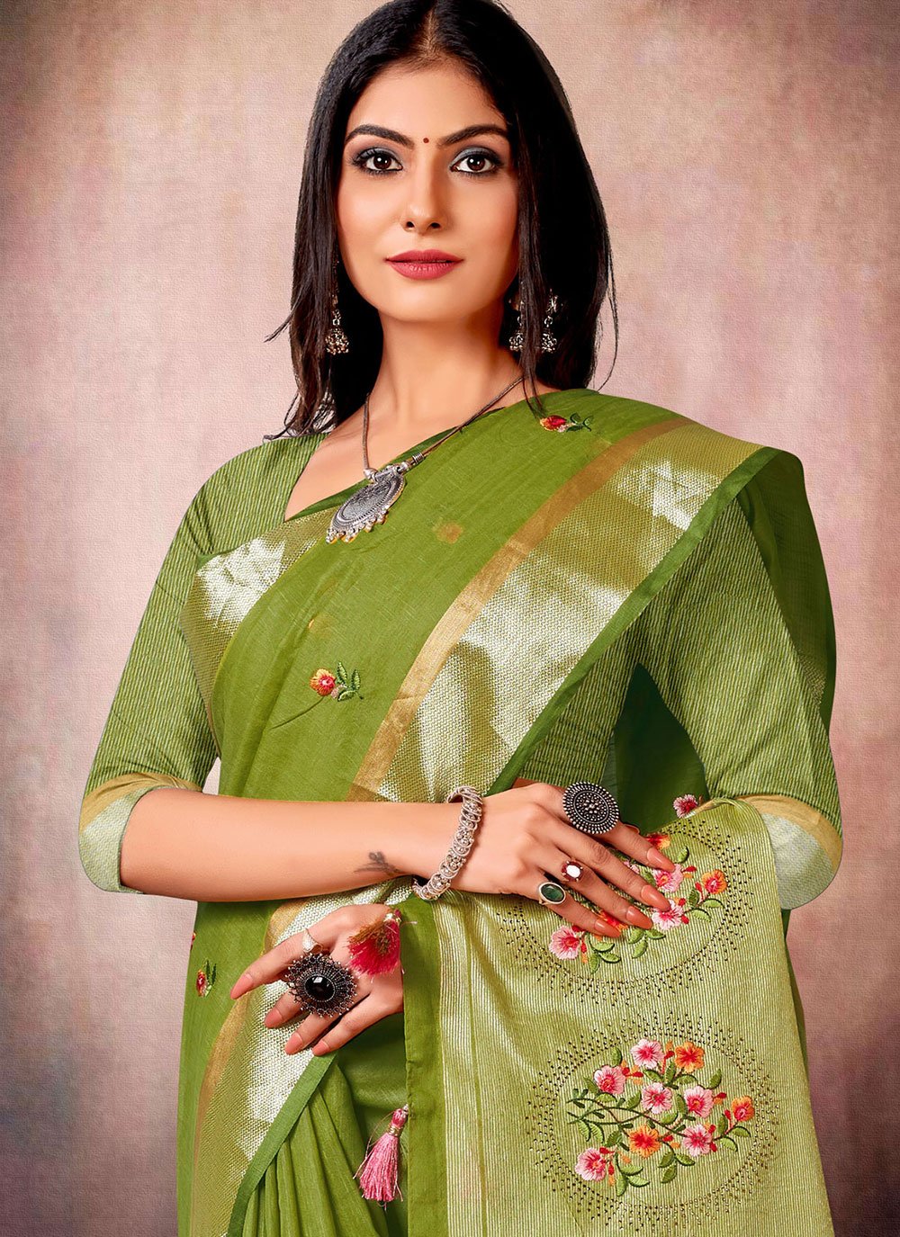 Classic Linen Silk Green Embroidered Saree