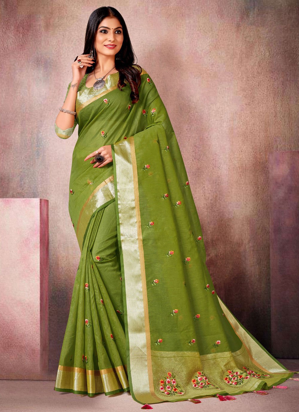 Classic Linen Silk Green Embroidered Saree