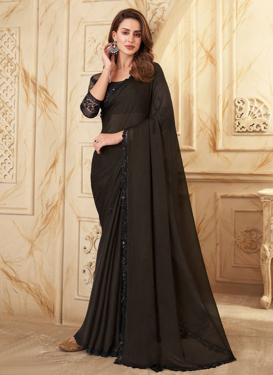 Contemporary Georgette Silk Brown Embroidered Saree