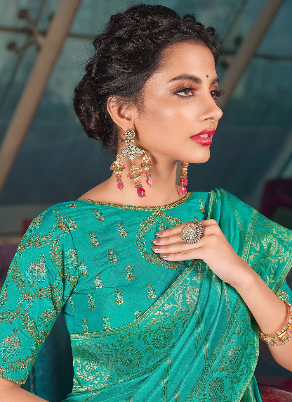 Contemporary Pure Dola Silk Turquoise Embroidered Saree