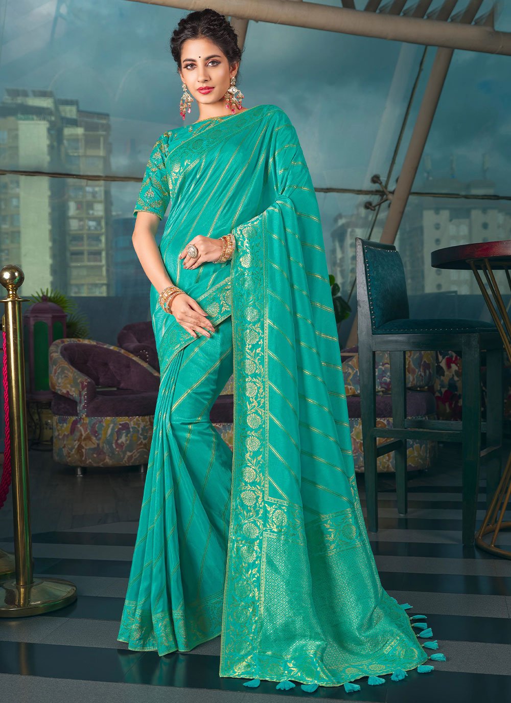 Contemporary Pure Dola Silk Turquoise Embroidered Saree