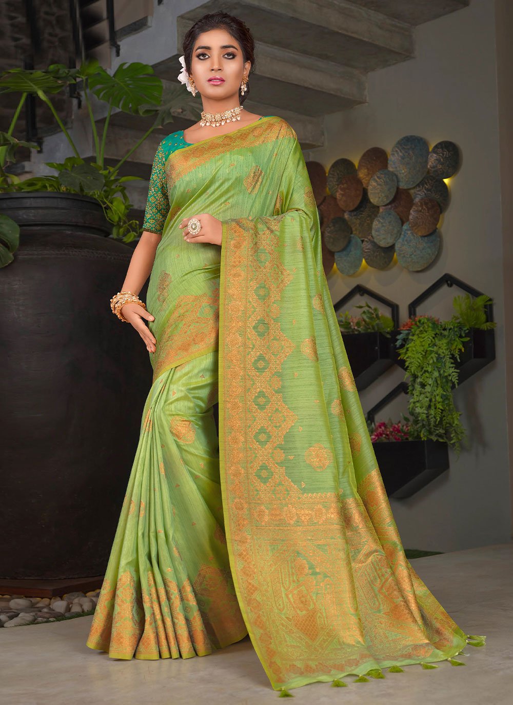 Contemporary Silk Sea Green Patch Border Saree