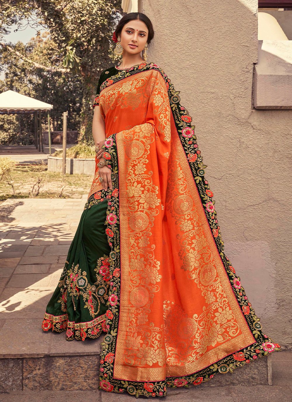 Designer Silk Green Orange Embroidered Saree
