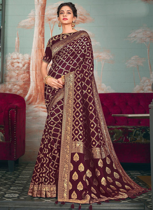 Designer Pure Dola Silk Wine Embroidered Saree