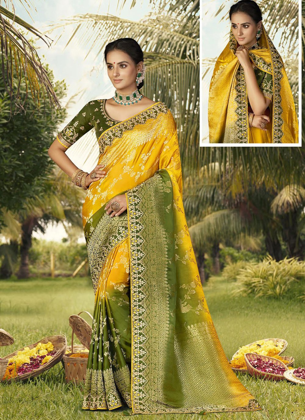 Classic Silk Green Yellow Patch Border Saree