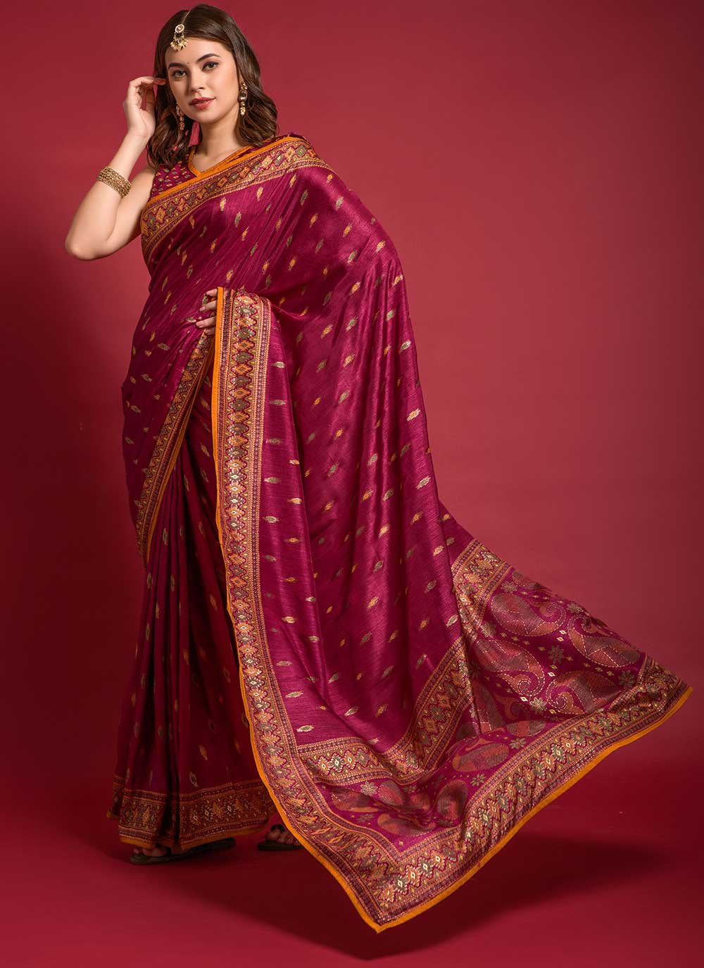 Casual Silk Maroon Foil Print Saree