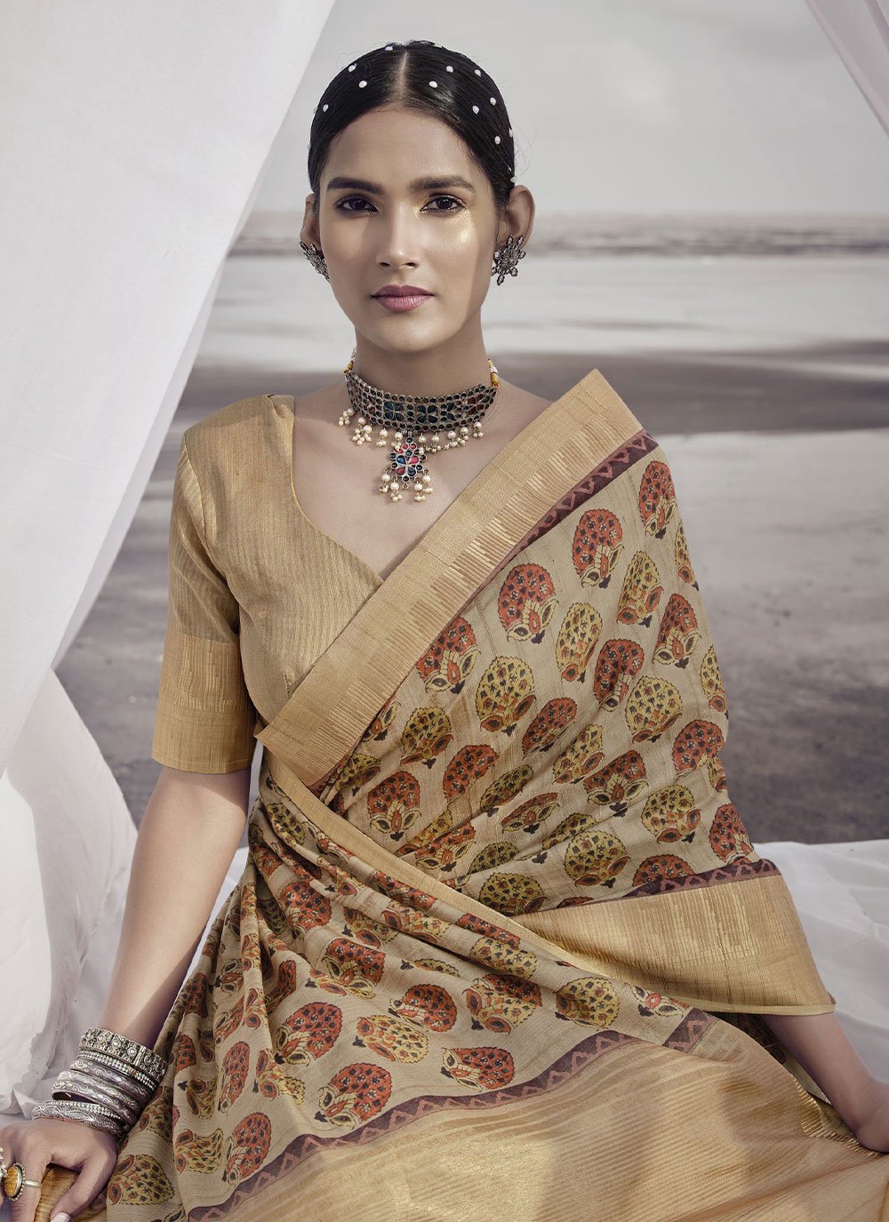 Classic Silk Beige Digital Print Saree