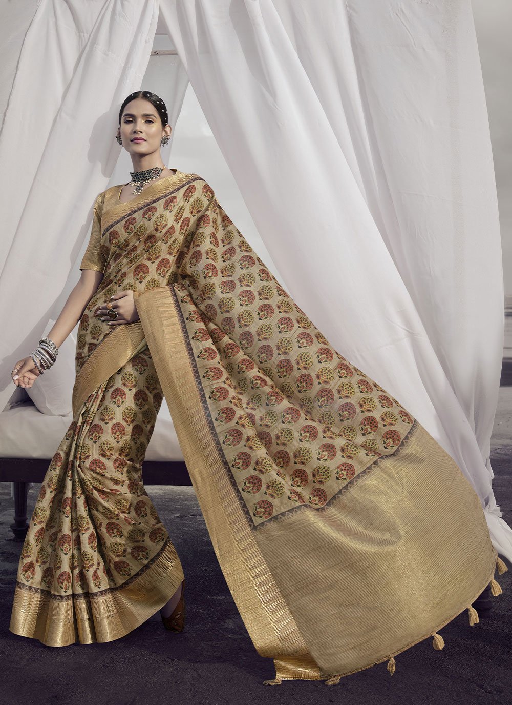 Classic Silk Beige Digital Print Saree