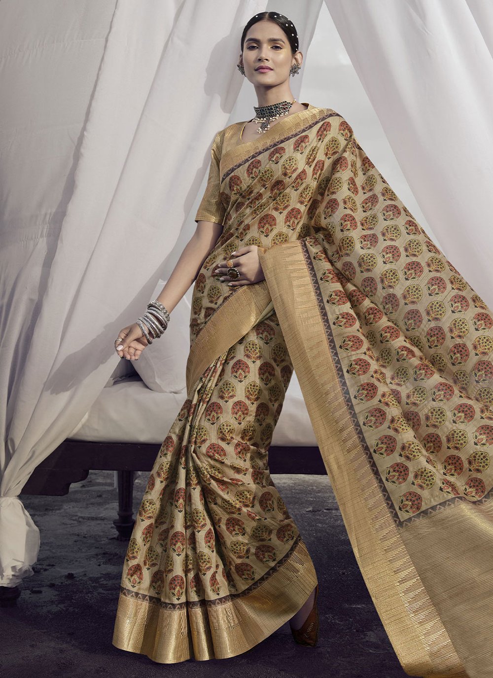 Classic Silk Beige Digital Print Saree