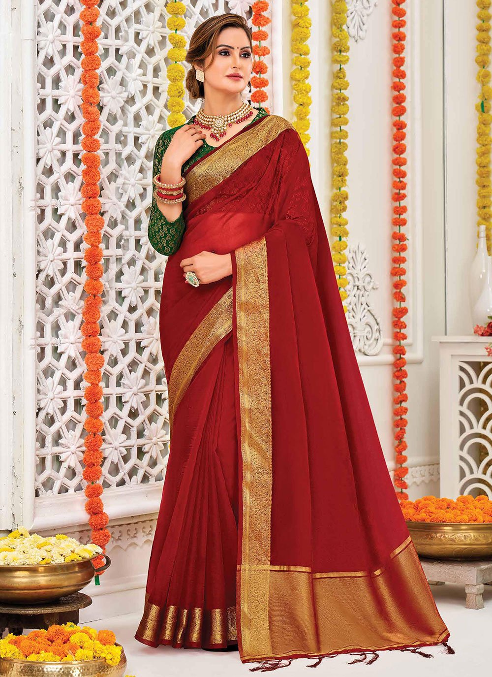 Classic Organza Silk Maroon Patch Border Saree