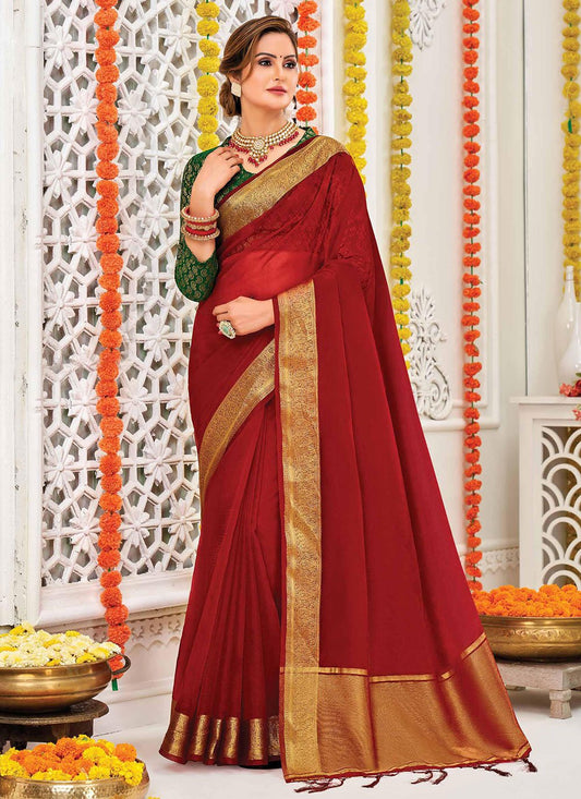 Classic Organza Silk Maroon Patch Border Saree