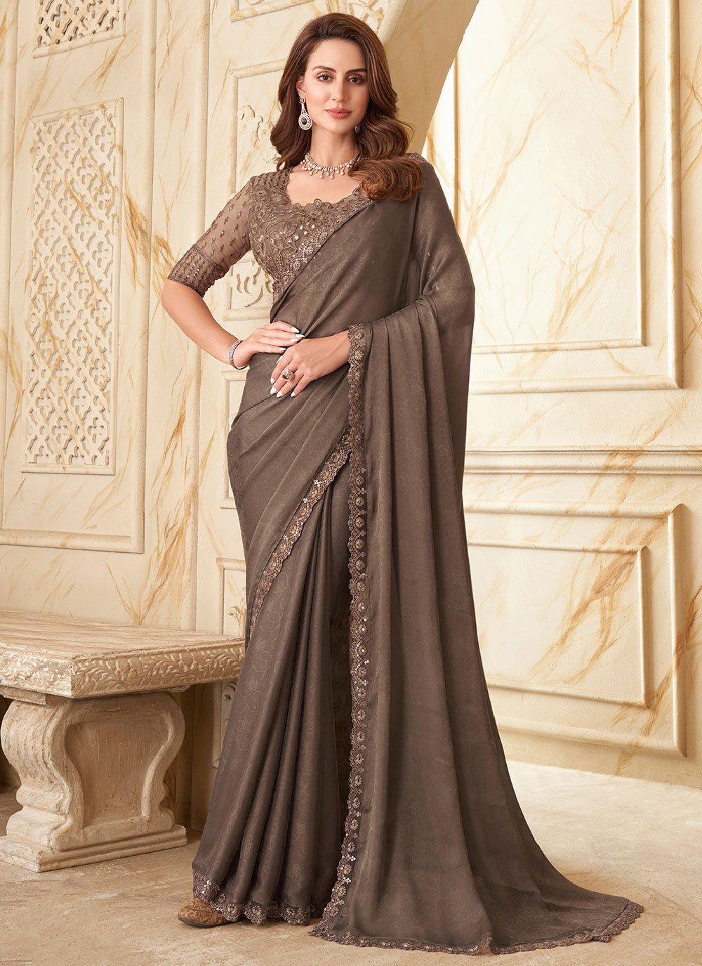 Trendy Saree Silk Brown Embroidered Saree