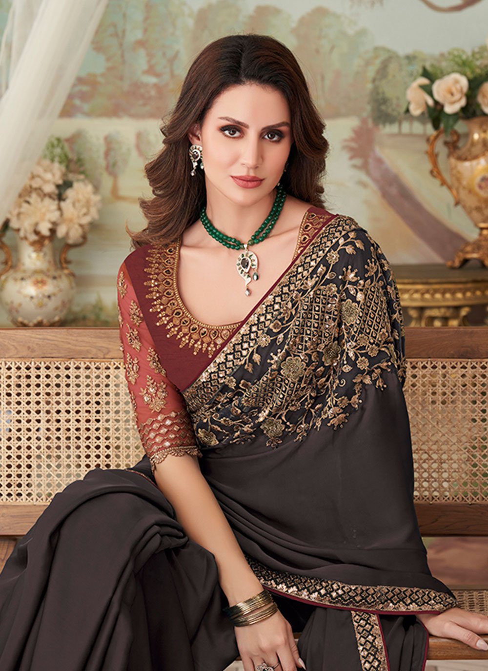 Trendy Saree Silk Brown Embroidered Saree