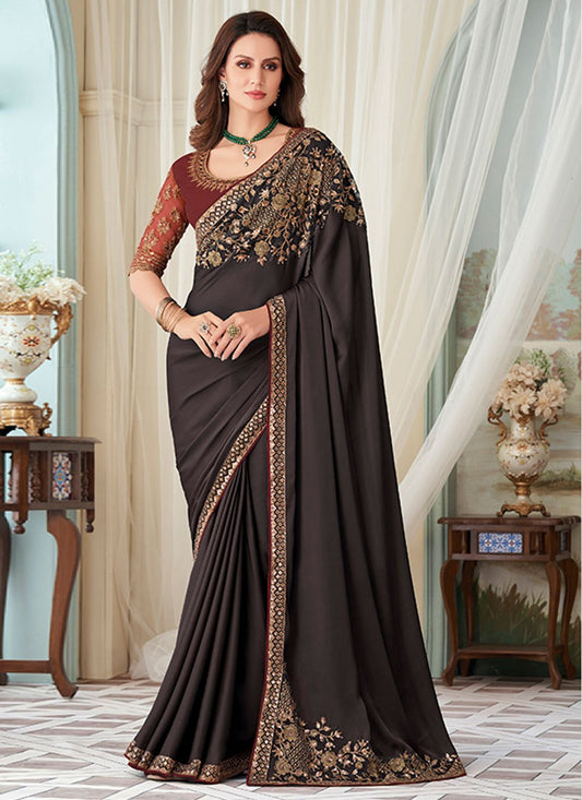 Trendy Saree Silk Brown Embroidered Saree