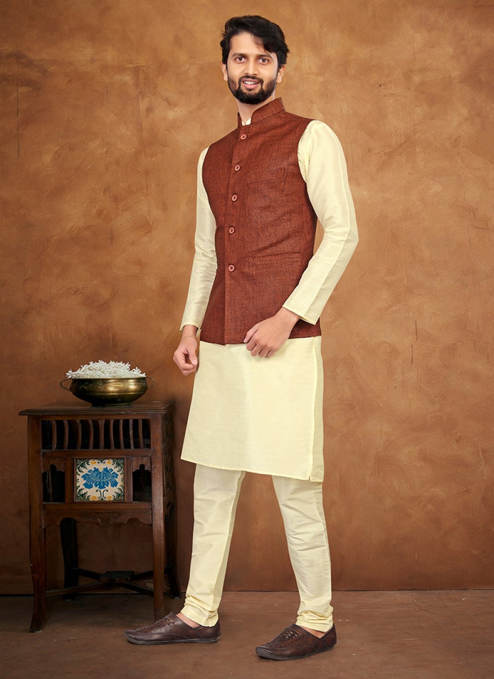 Kurta Payjama With Jacket Silk Brown Cream Fancy Work Mens