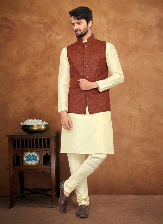 Kurta Payjama With Jacket Silk Brown Cream Fancy Work Mens